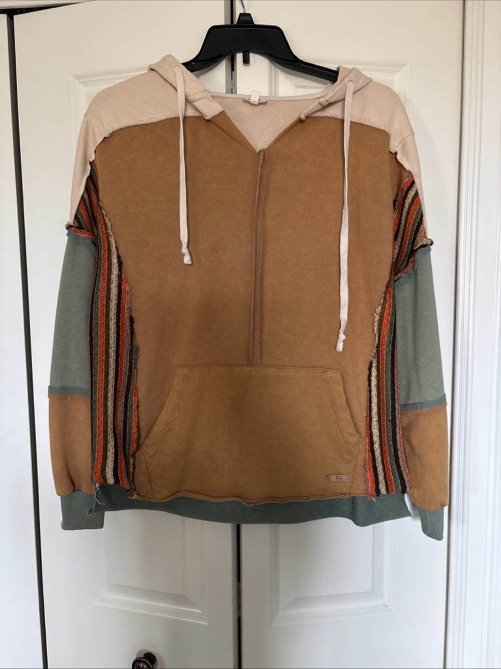 BKE womens Hoodie in Brown, Sage & Cream with Striped Accents